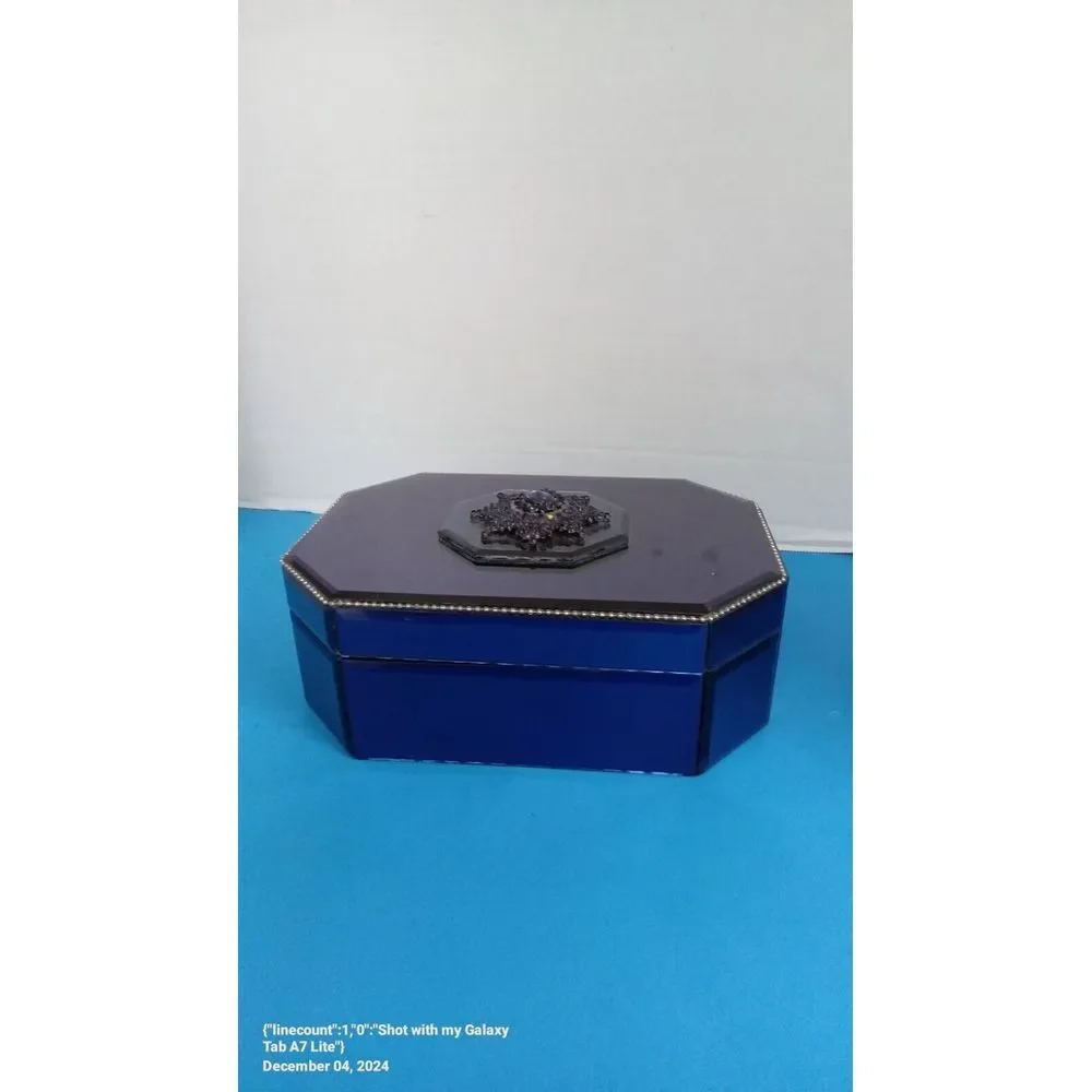 Elegant Octagonal Jewelry Box with‎ Ornate Embellishment - Royal Blue and Black